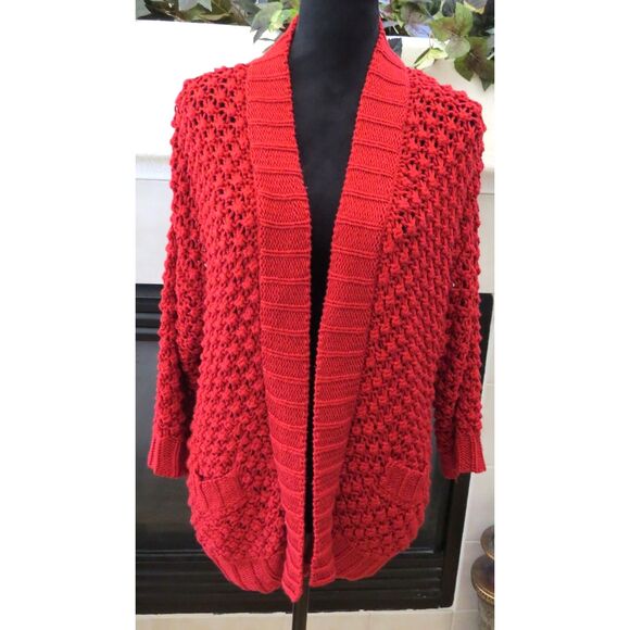 Chico's Women's Open Knit Cardigan 3/4 sleeves  Size 2 ( L/12) Deep Red EUC - Picture 3 of 11